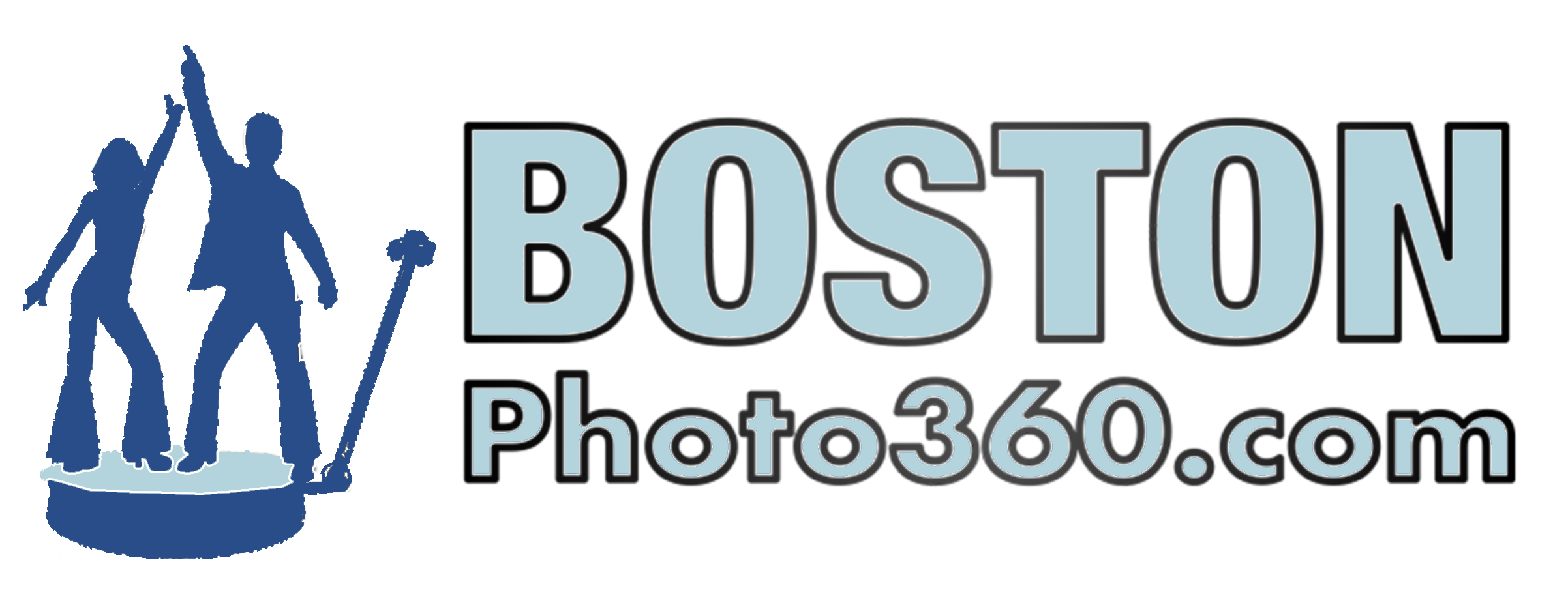 The image features the logo for “BostonPhoto360.com.” The design includes two silhouetted figures, a man and a woman, standing on a circular platform, possibly representing the 360 photo booth experience. The man is holding what appears to be a camera or selfie stick, and both figures have their arms raised, suggesting celebration or fun. The text “BOSTON” is in large, light blue uppercase letters, and “Photo360.com” is written below in a smaller font, emphasizing the business name and web address.