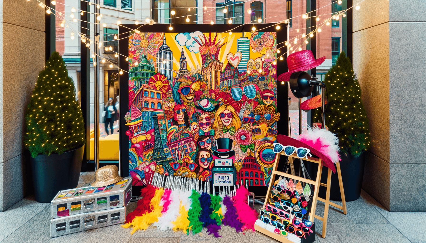 An illustration of a vibrant photo booth setup in a Boston event.