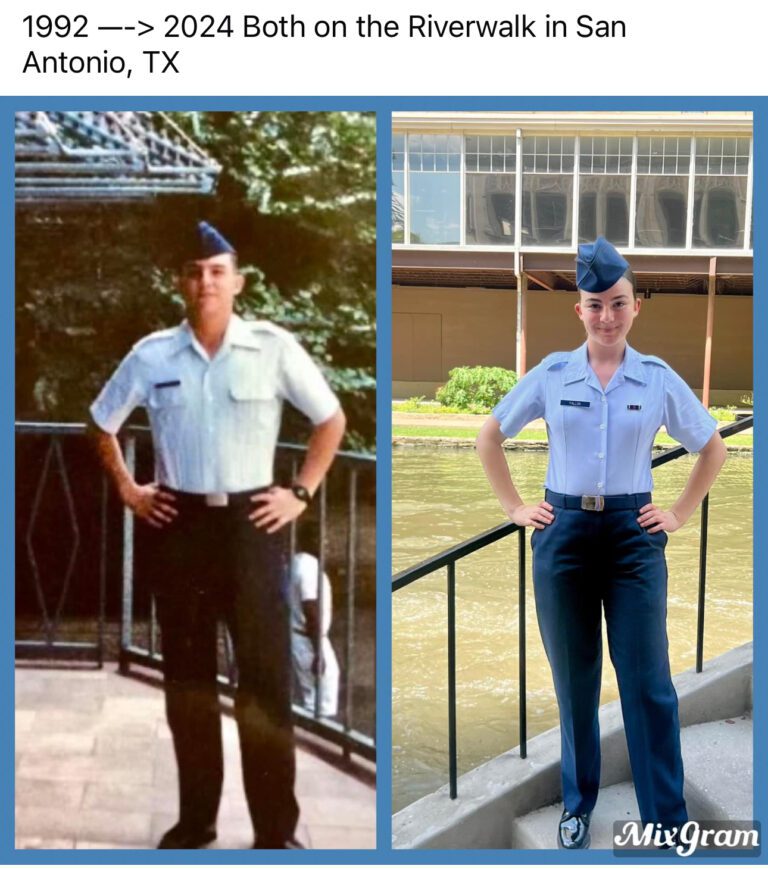 Keith and Emma Fallon in military uniform at the Riverwalk in San Antonio, TX, 1992 and 2024